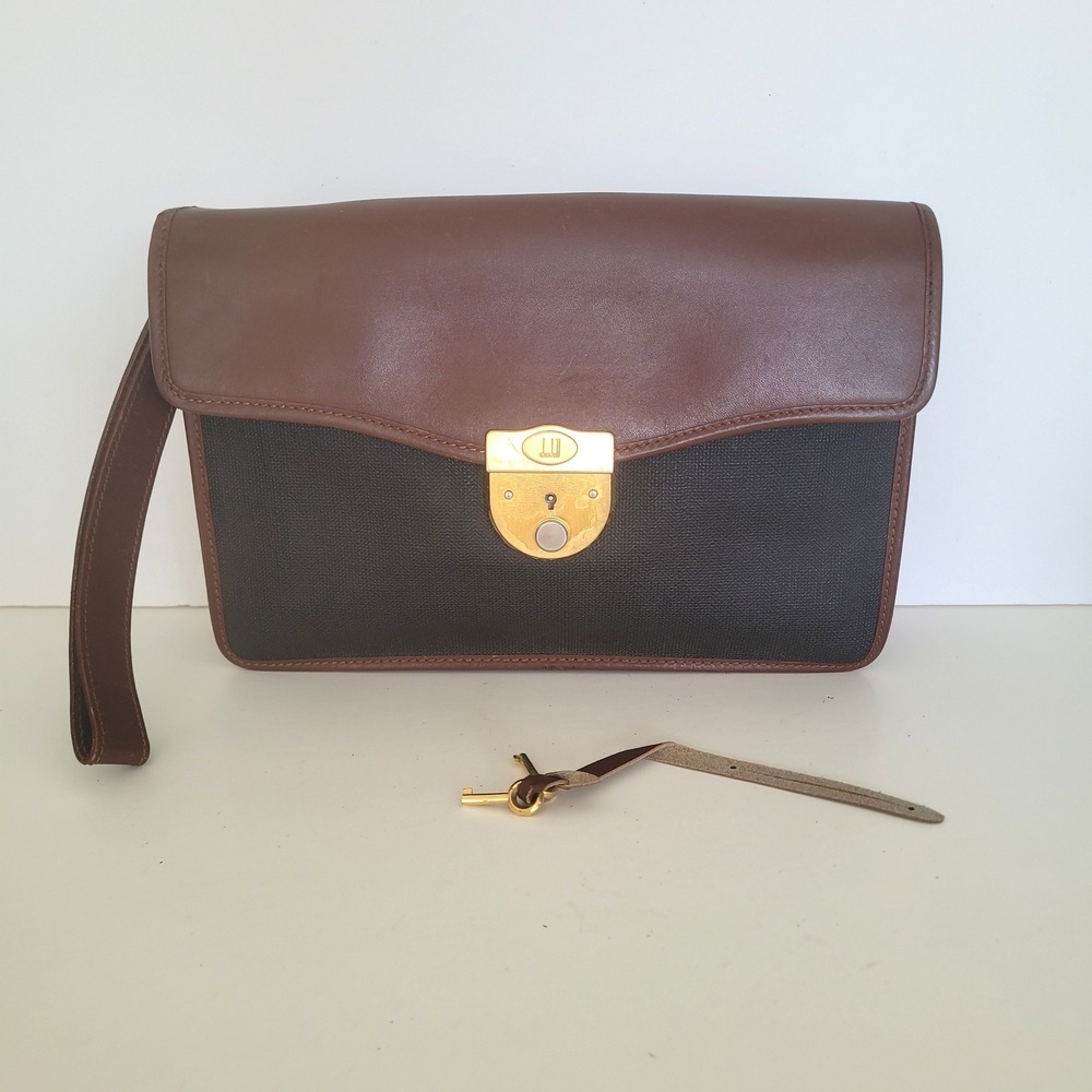 Dunhill Vintage Leather Canvas Clutch Wristlet Bag Brown Black Made in Italy Key